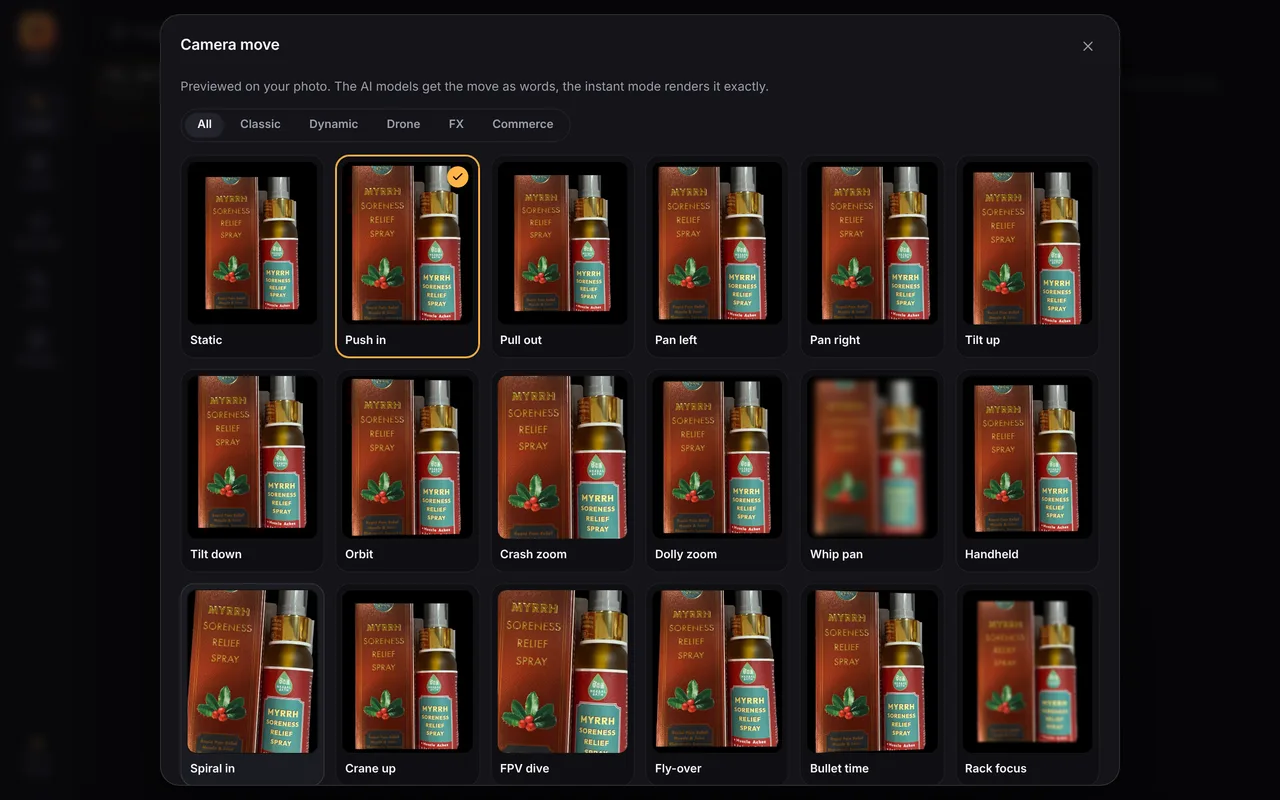 Kino's camera move picker: twenty moves previewed live on a HerbalBath product photo